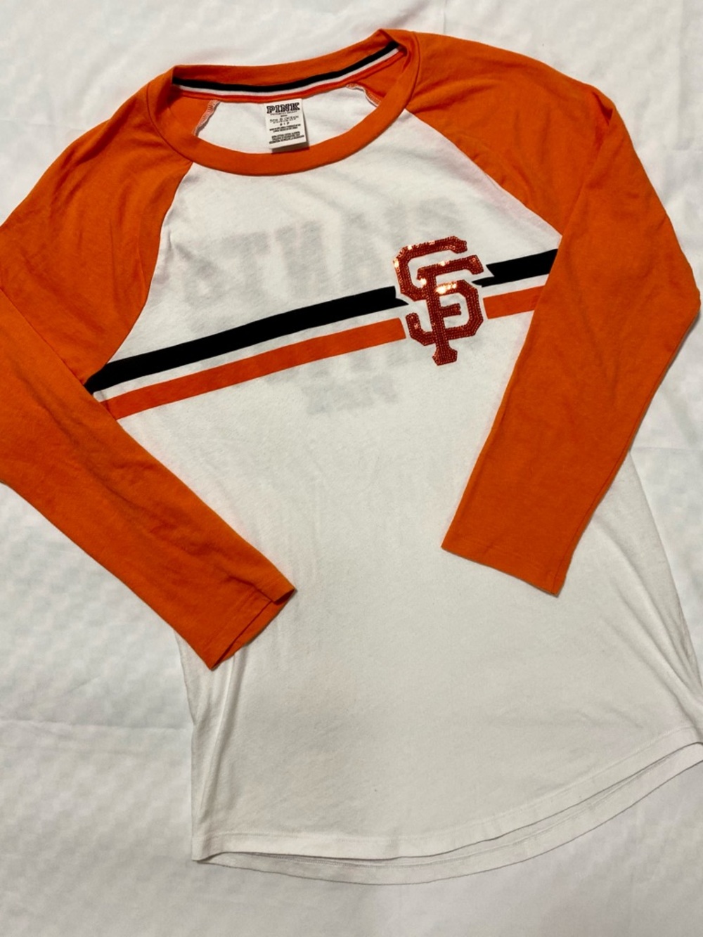 PINK Victoria's Secret Orange & White SF Raglan Long Sleeve Top